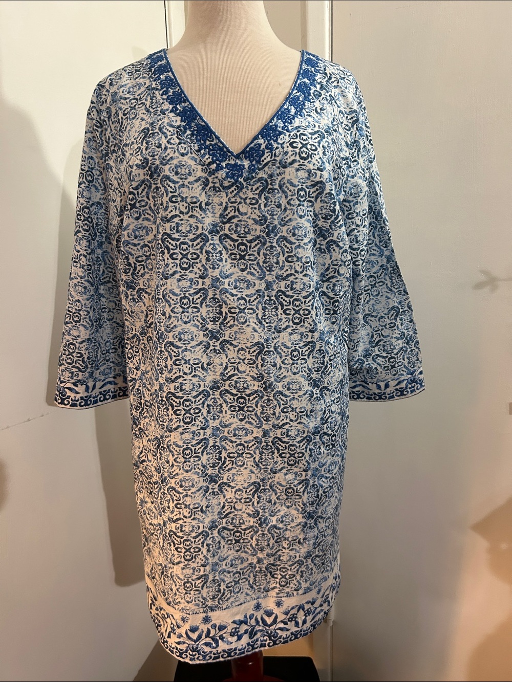 Lands' End Blue & White V-Neck Swim Coverup Dress